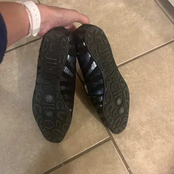 Jimmy Choo 7.5 black velvet with navy sequins gold inside loafers - Picture 9 of 12